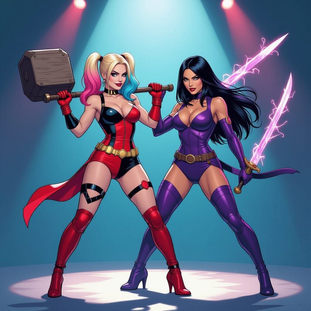 Harley Quinn and Psylocke on Stage in Comic Book Style