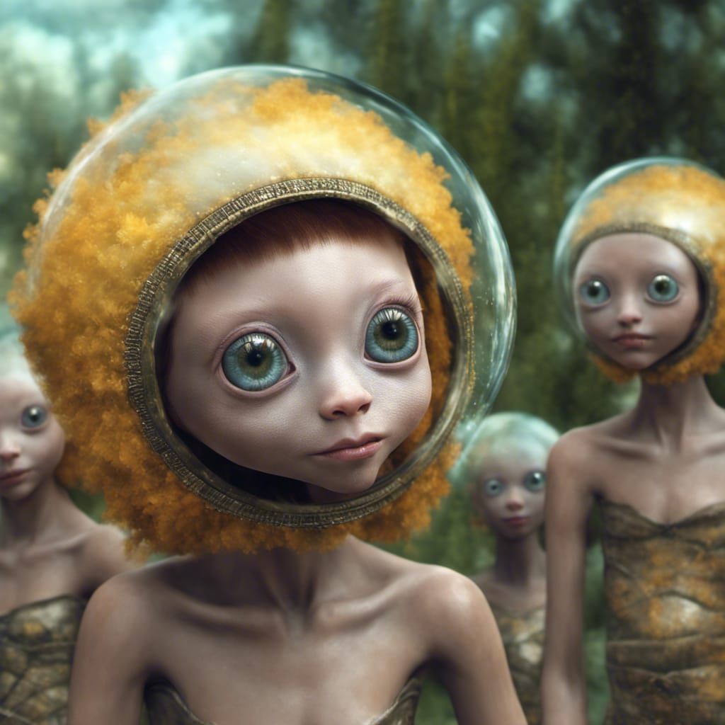 Happy Alien People and Pets in Surreal Landscape