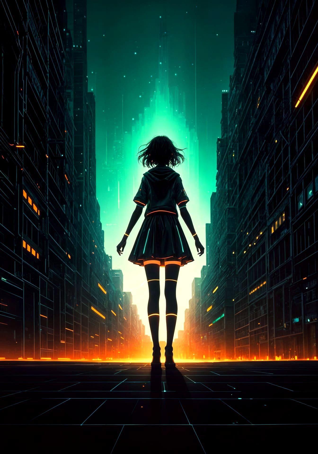 Bioluminescent Girl in a Neon Cityscape