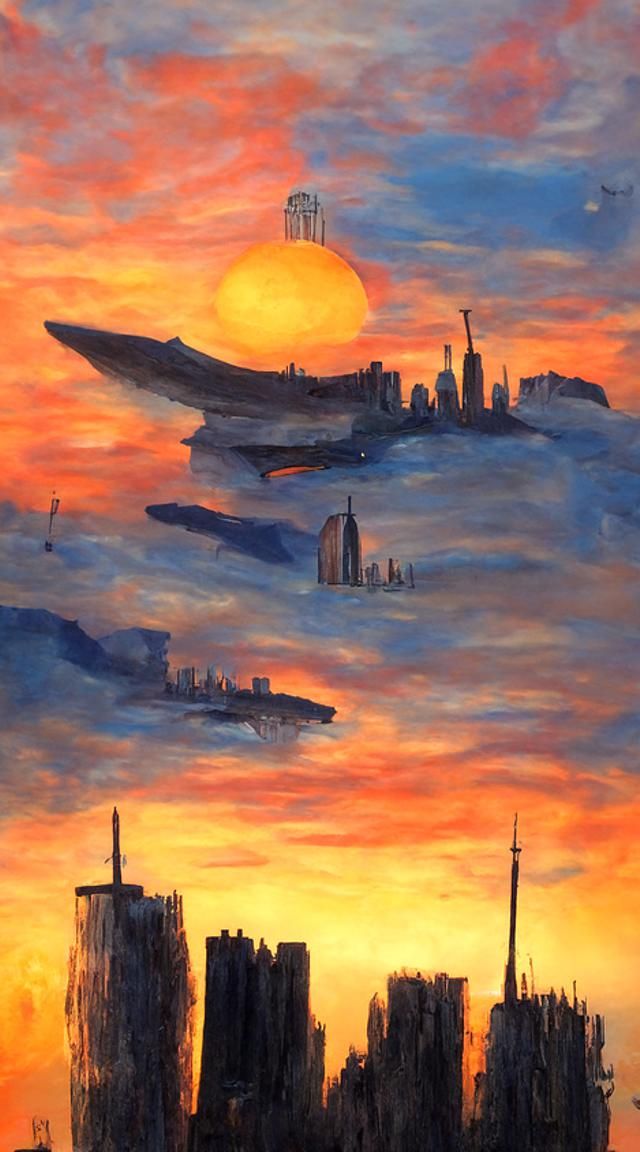 Futuristic Cityscape with Spaceships at Sunset