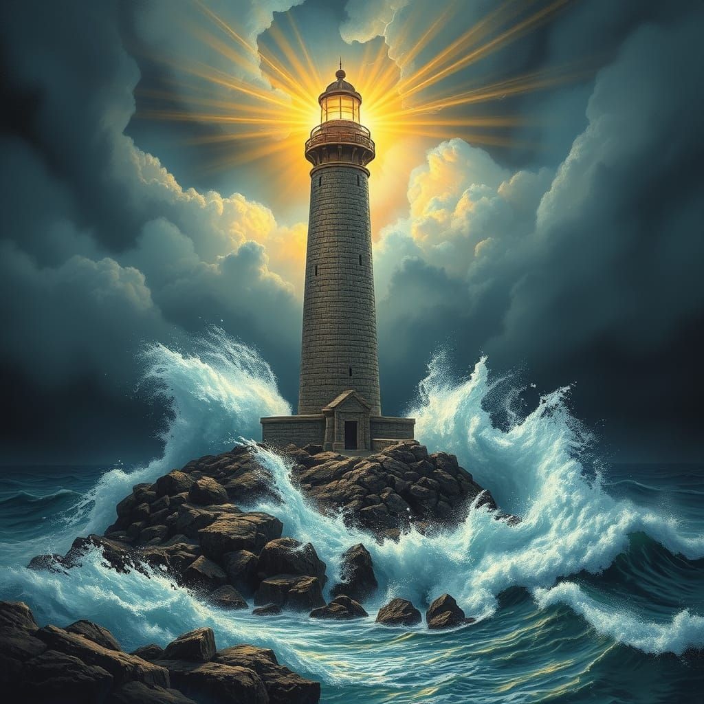 Lighthouse Standing Steadfast Against Turbulent Waves
