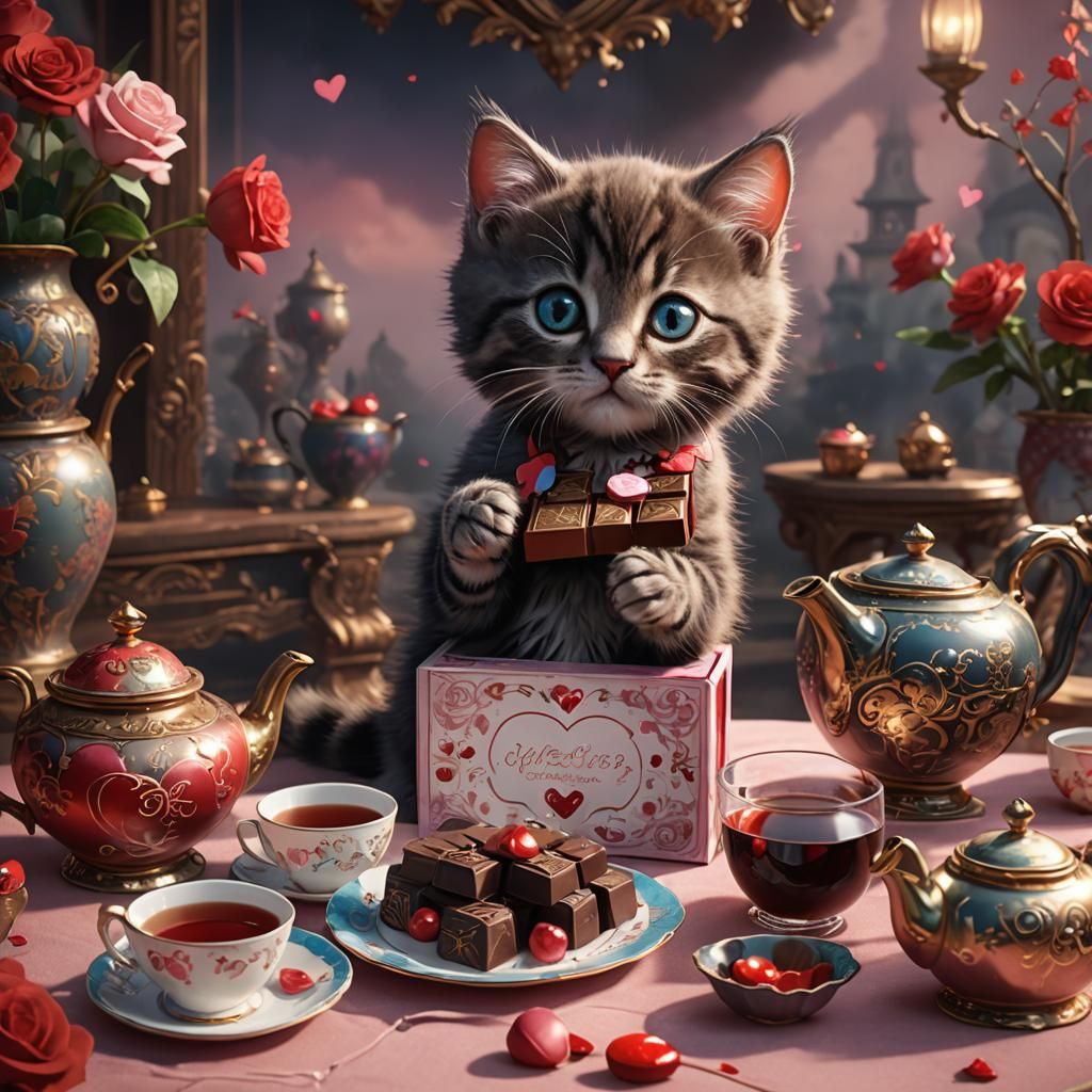 Kitten and Valentine's Chocolate in Detailed Fantasy Art