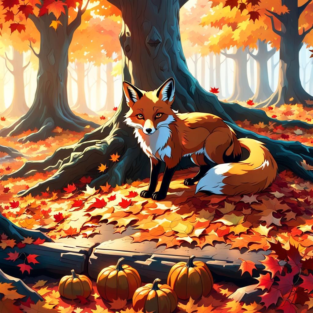 Red Fox in Autumn Forest, Paper Collage Art