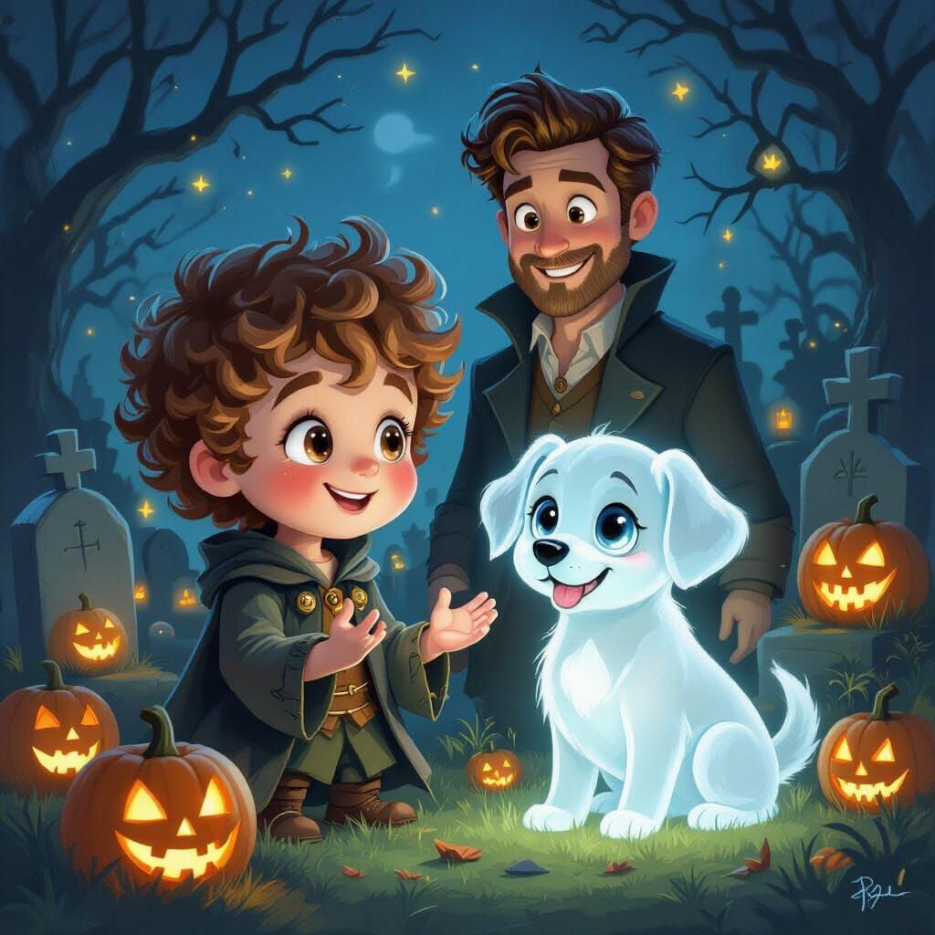 Whimsical Necromancer Boy With Ghost Puppy in Magical Gravey...