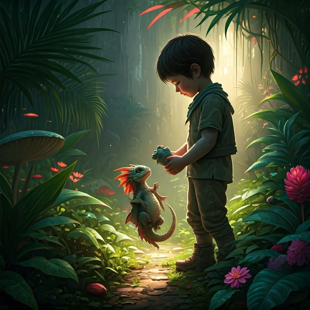 A Boy and His Luminous Dragon in Vibrant Fantasy Realm