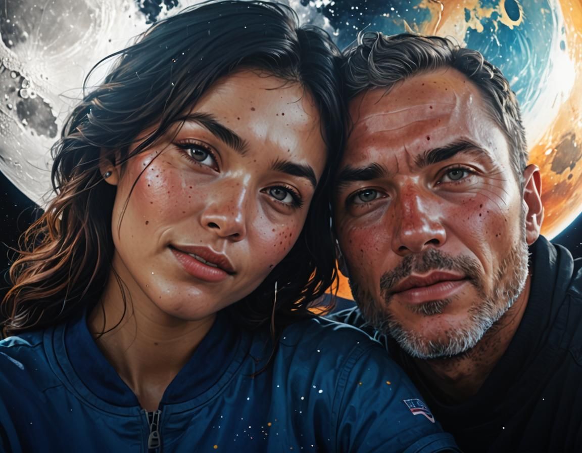 Romantic Couple on the Moon in Hyperrealistic Style