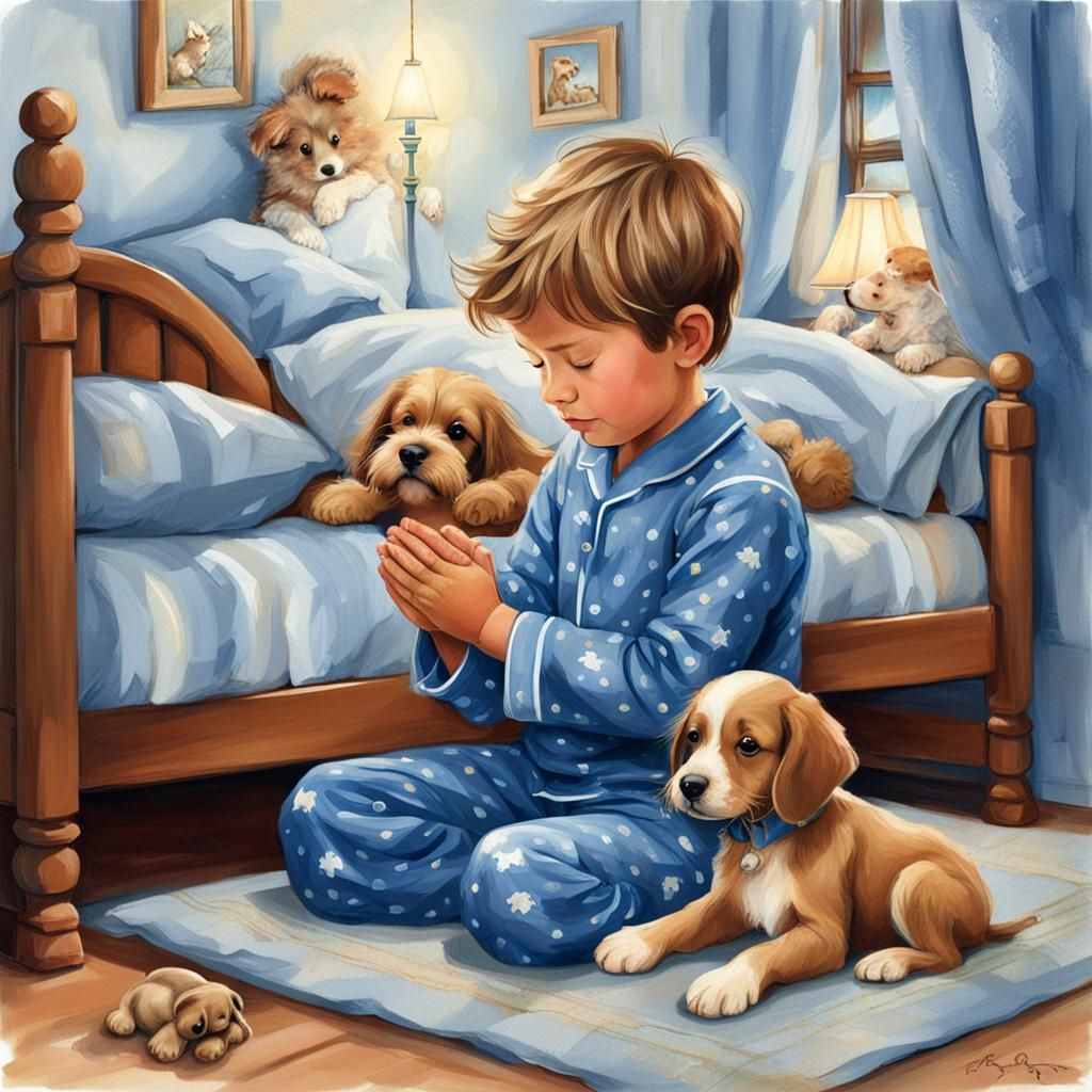 Boy and Puppy Praying Together
