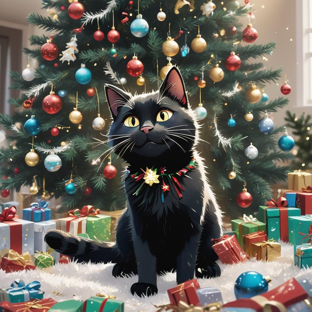 Mischievous Cat Amidst Christmas Chaos: Pixar Style