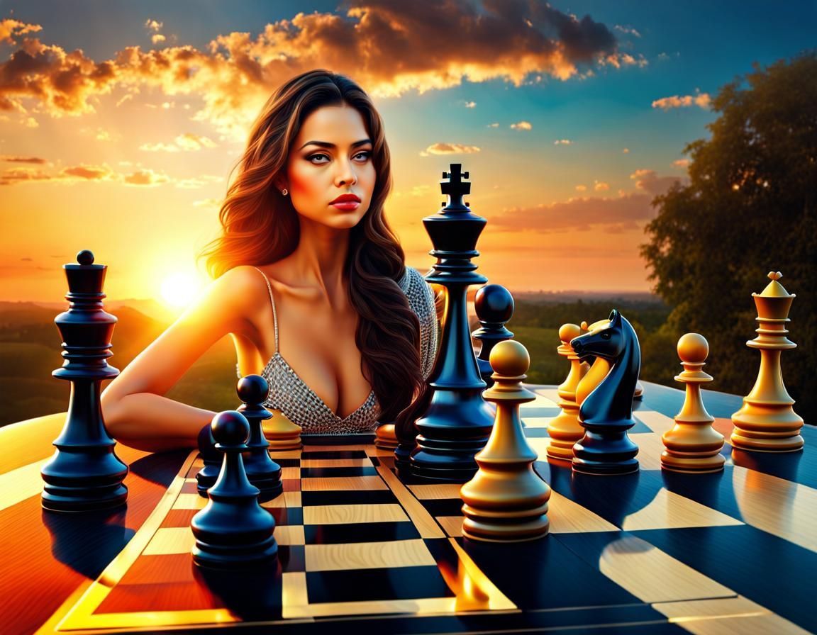 Chess Queen at Sunset: Hyperrealistic Surrealism