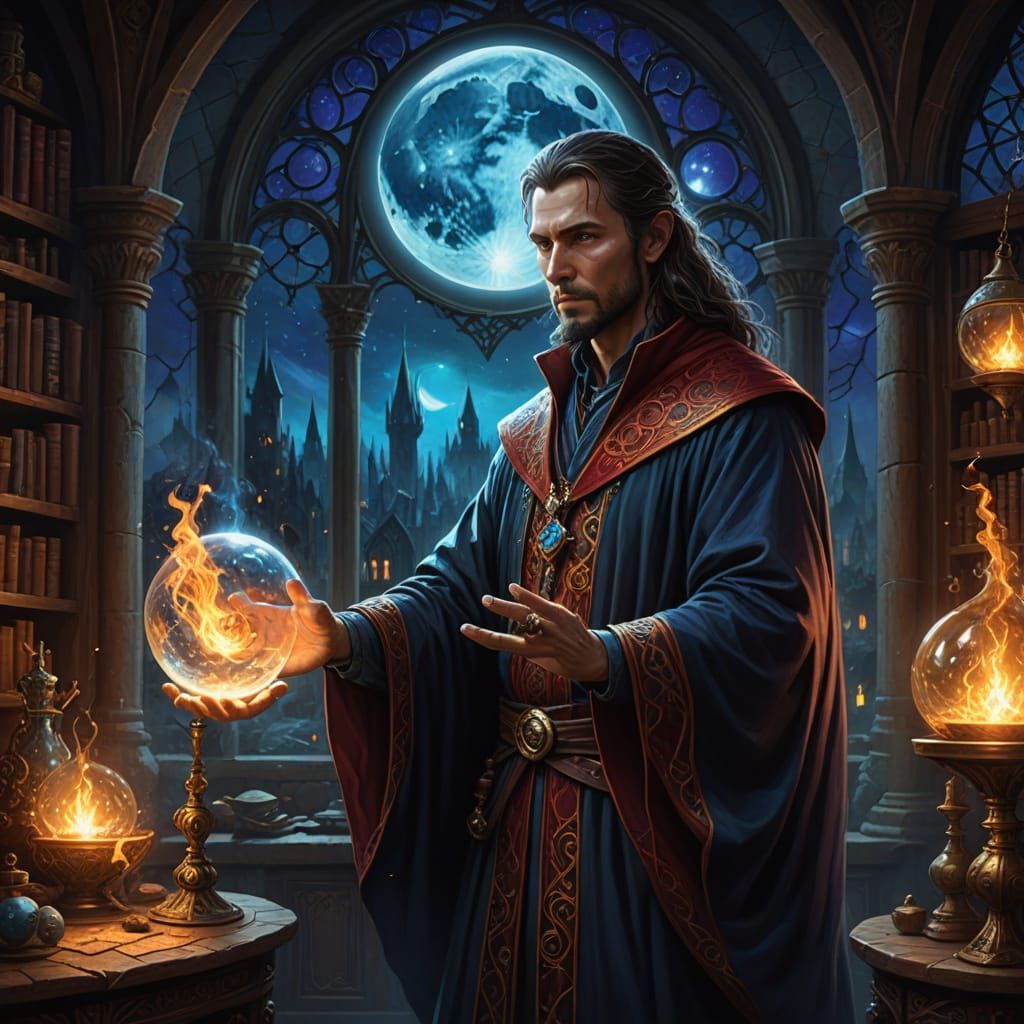 Sorcerer Casting Spell in Tower: Hyperrealistic Digital Art