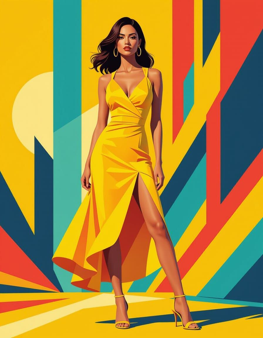 Stylish Woman in Yellow Dress, 3D Vector Art