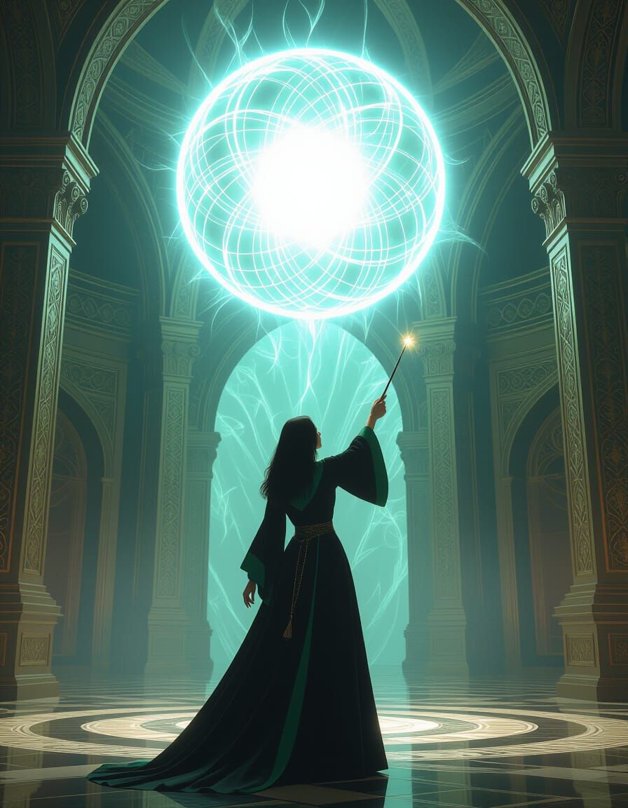 Sorceress Conjures Ethereal Portal in Ornate Room