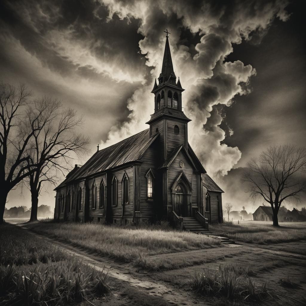 Burning Church in Cornfield: Eerie Black and White