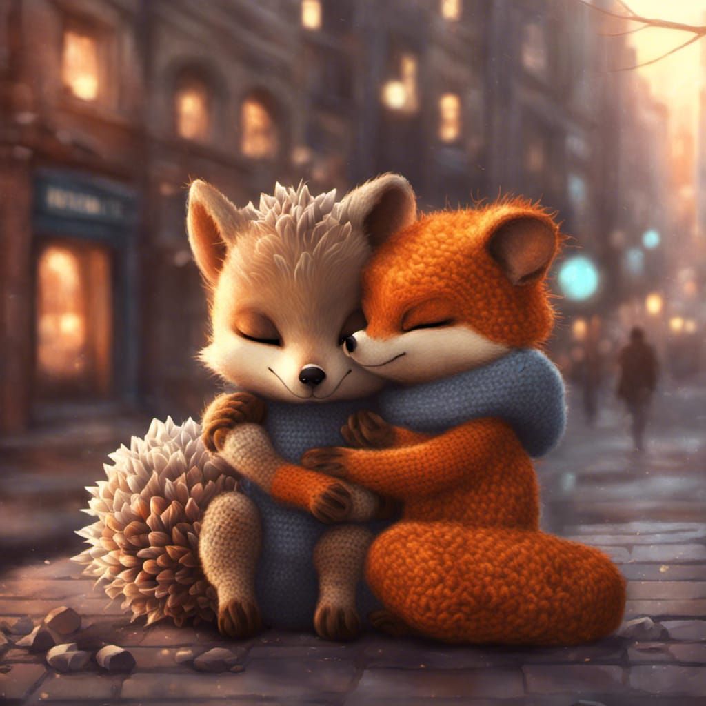 Fox and Hedgehog Hugging in Crochet Wool Style