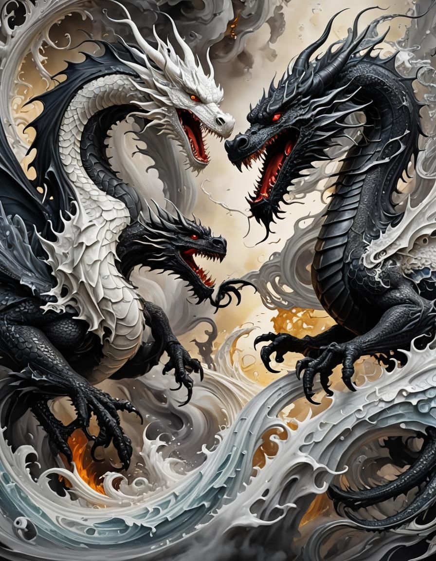 Black Dragon vs White Dragon: Fantasy Oil Painting