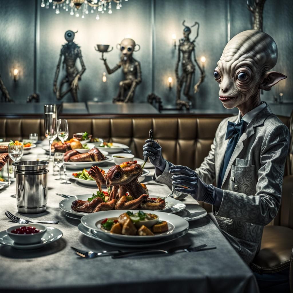 Surreal Alien Restaurant Celebration in Gritty Style