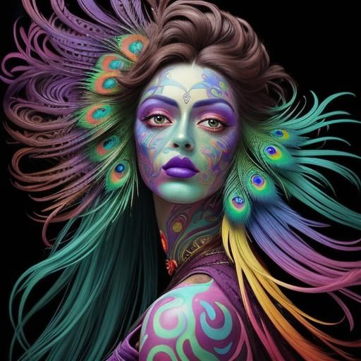 Abstract Portrait: Rainbow Woman with Peacock Hair