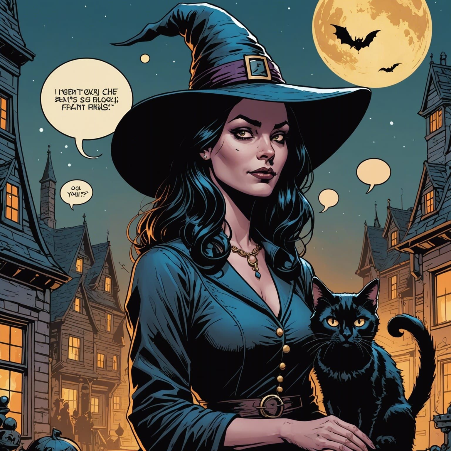 Whimsical Witch Chatting With Her Cat: Comic Book Art