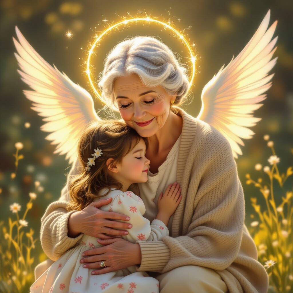 Angelic Grandma Embraces Grandchild in Golden Light