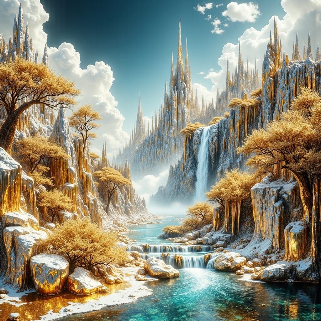 Chrome Waterfall in Crystalline Landscape