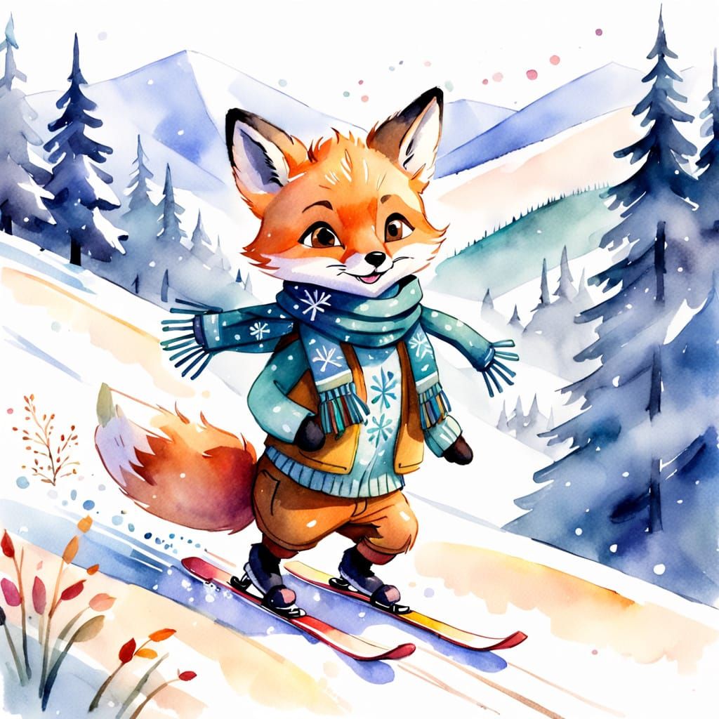 Fox Cub Skier in Winter Wonderland: Watercolor Sketch
