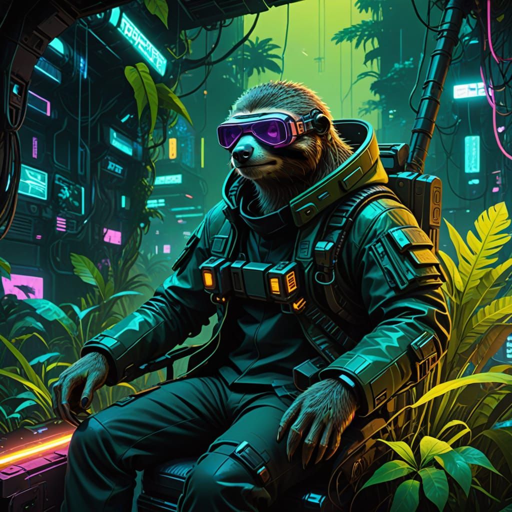 Cyberpunk Sloth with Glowing Fiber Optics and Goggles