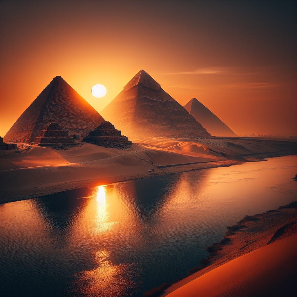 Egyptian Pyramids at Sunset: Ancient Landscape