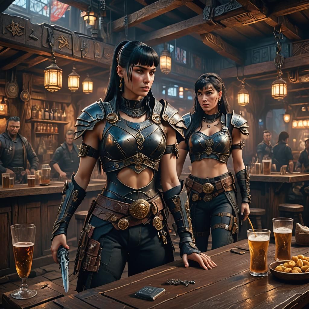 Cyberpunk Xena Warrior Princess in a Tavern
