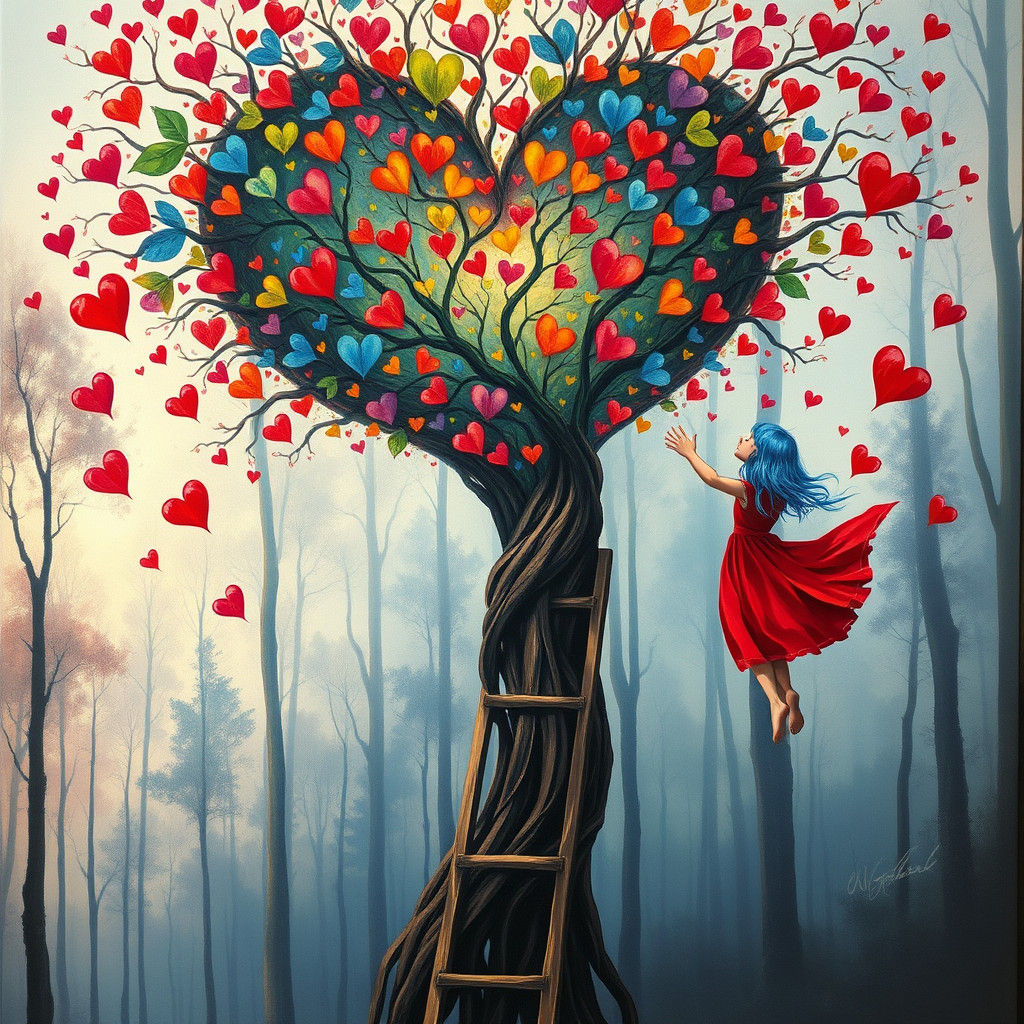 Surreal Girl Reaching Heart Tree, Salvador Dali Style