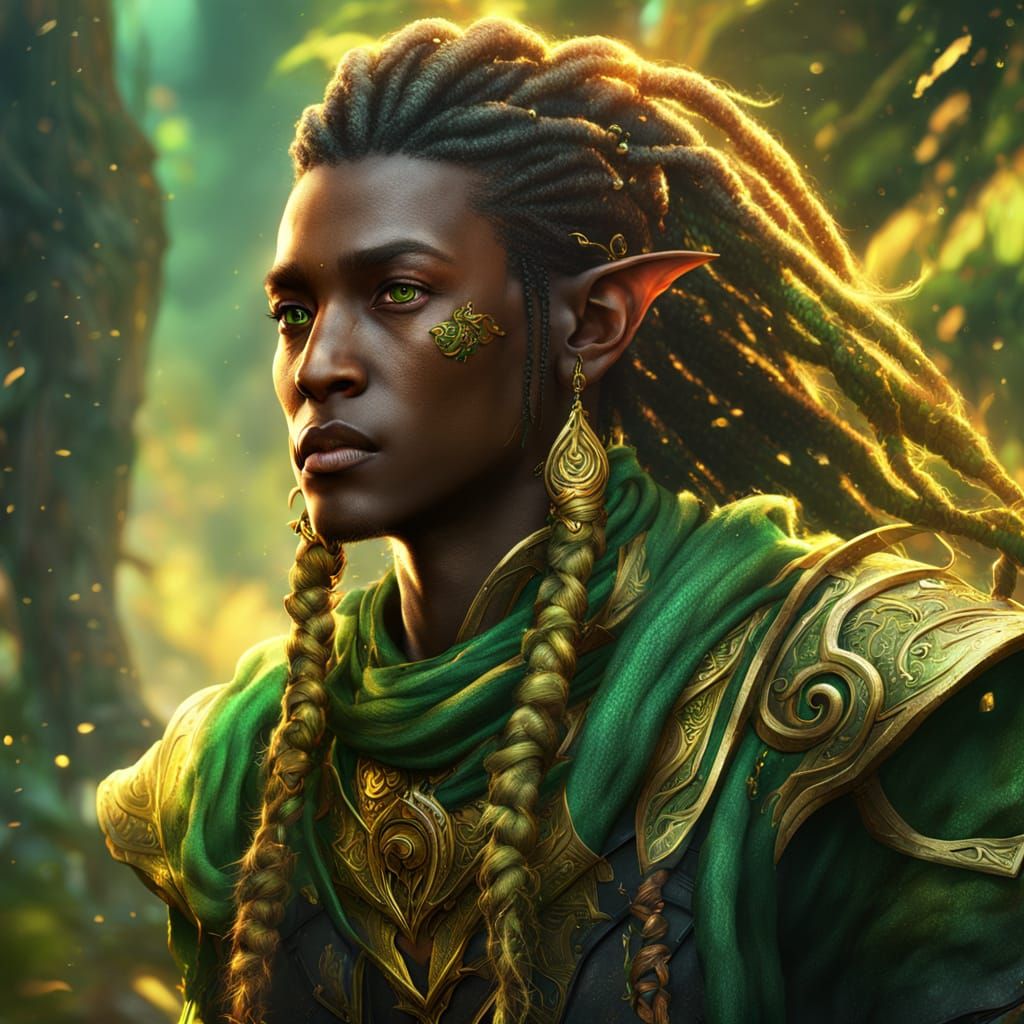 Wood Elf with Golden Skin and Dreadlocks