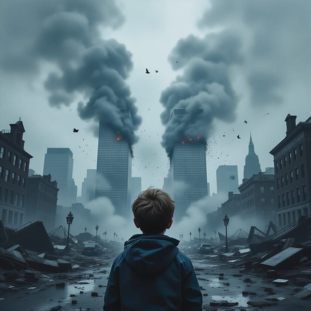 Boy Views Devastated Twin Towers in Realistic Matte Painting