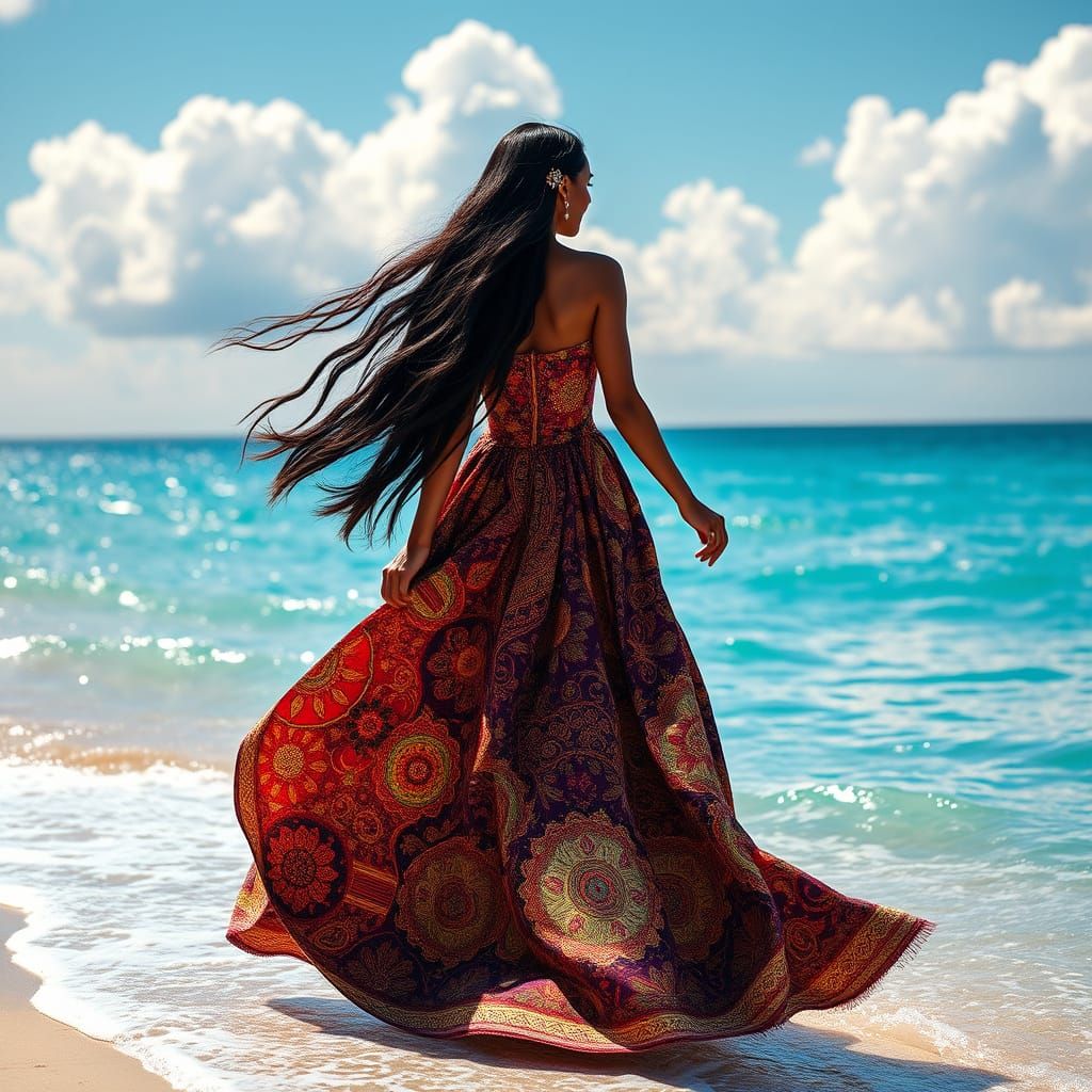 Elegant Woman in Global Couture Walks Along Sunlit Shoreline