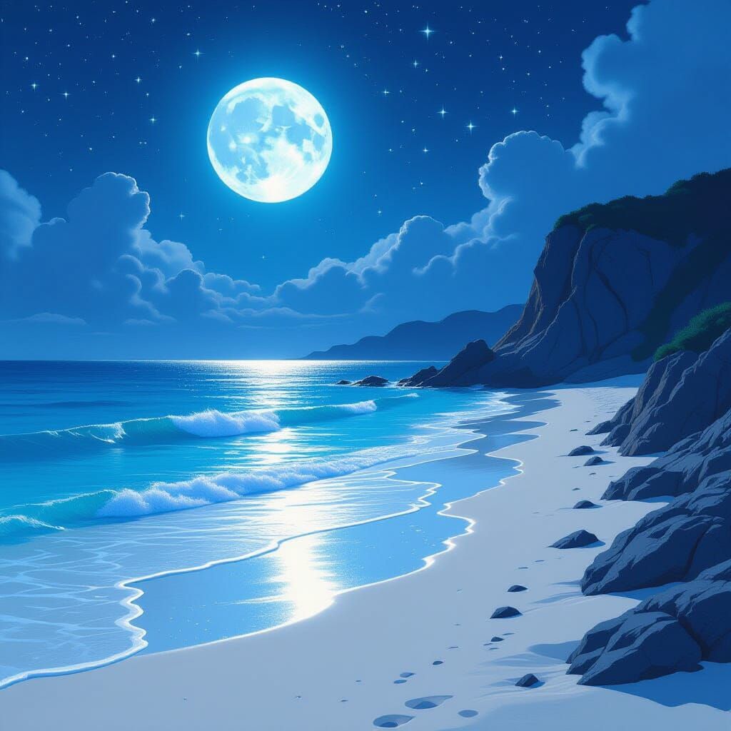 Moonlit Island of Crystalline Sands with Azure Tides