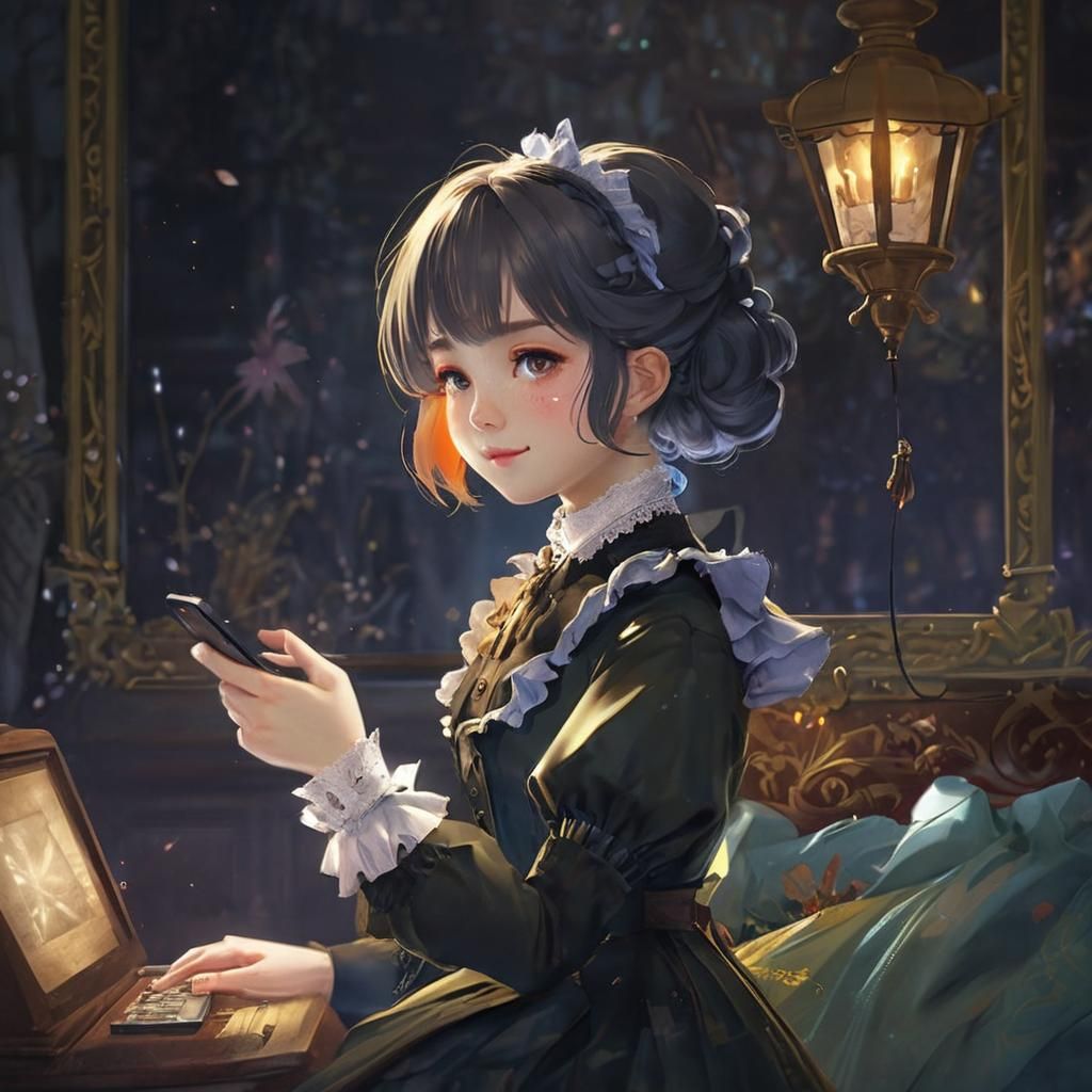 Victorian Woman Playing Mobile Game in Anime Style