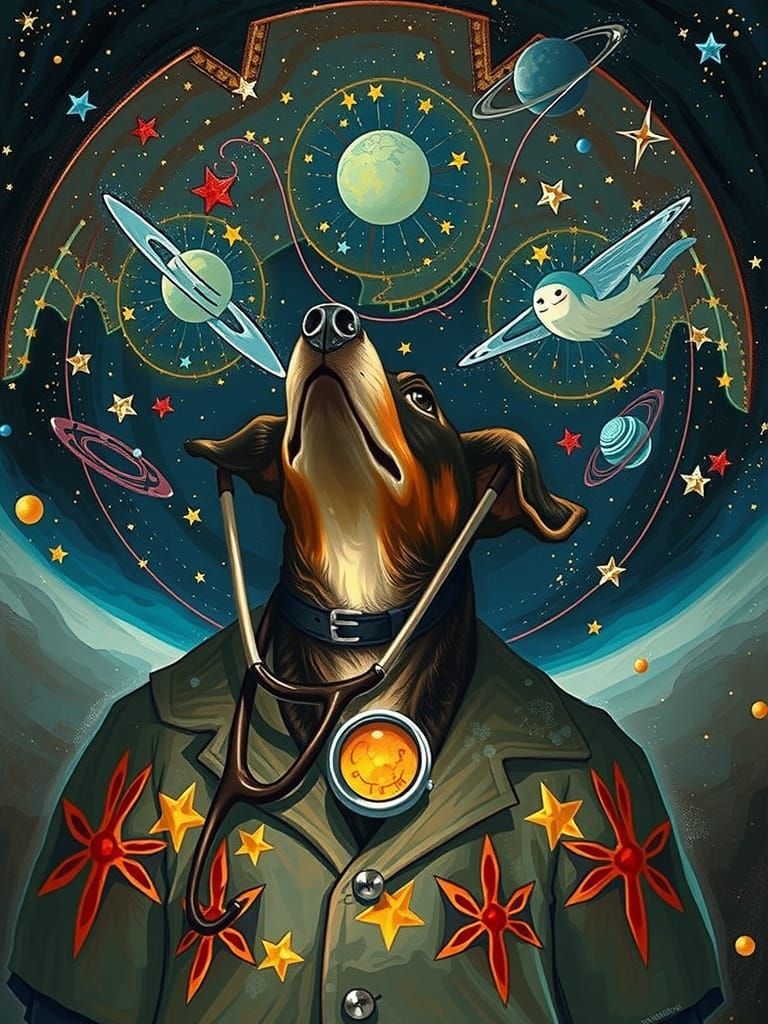Whimsical Doctor Dog Stands Amongst Celestial Bodies