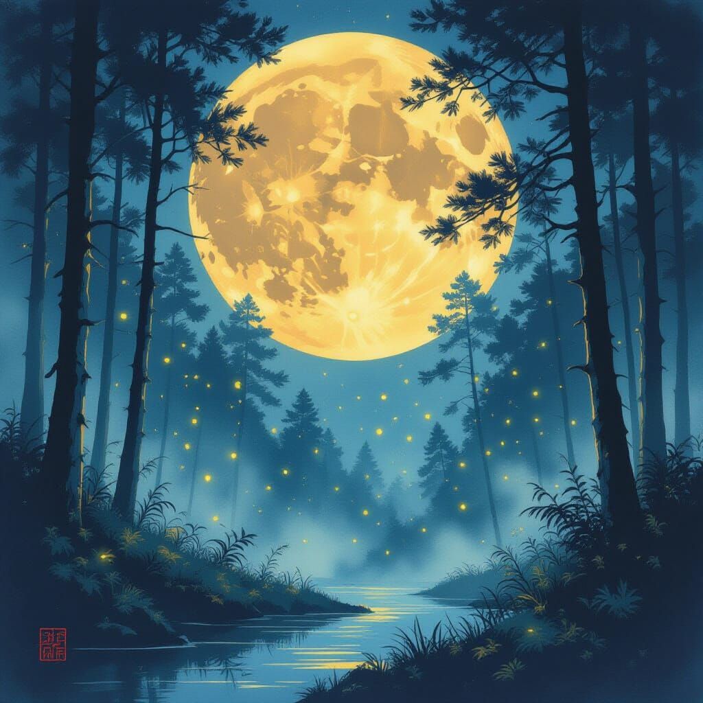 Fireflies Dance in Enchanted Forest: Shin Hanga Style