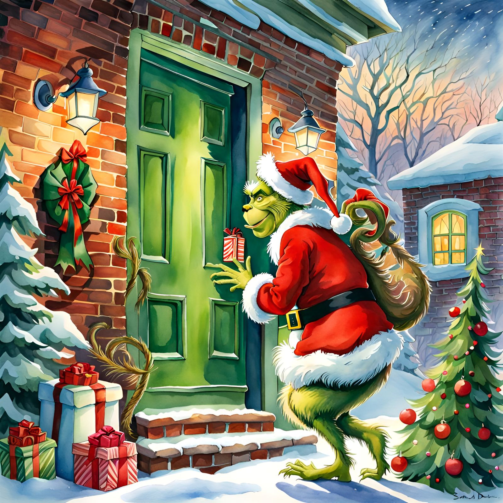 Grinch Stealing Presents in Watercolor Style