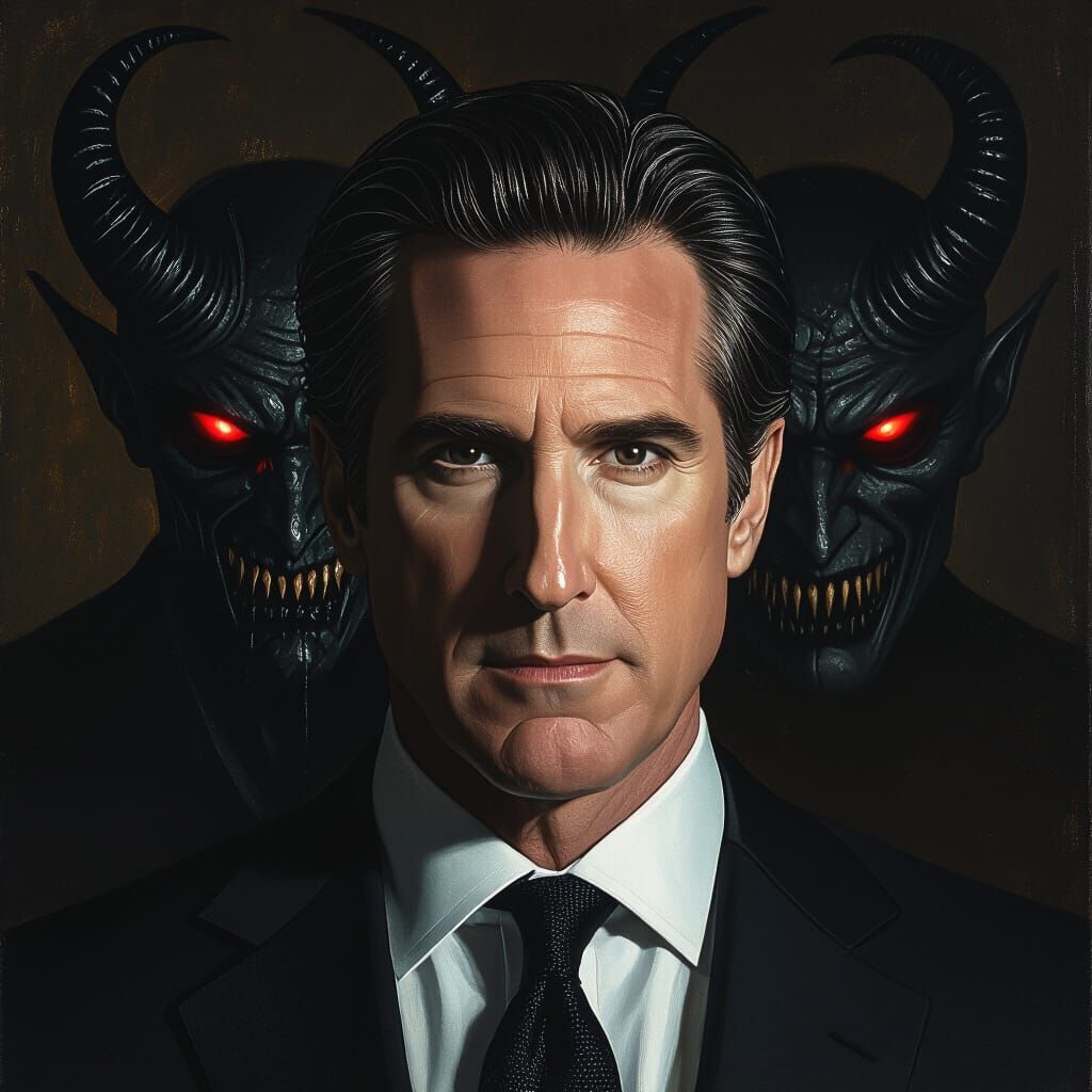 Governor Newsom Portrait with Demonic Shadow in Chiaroscuro ...