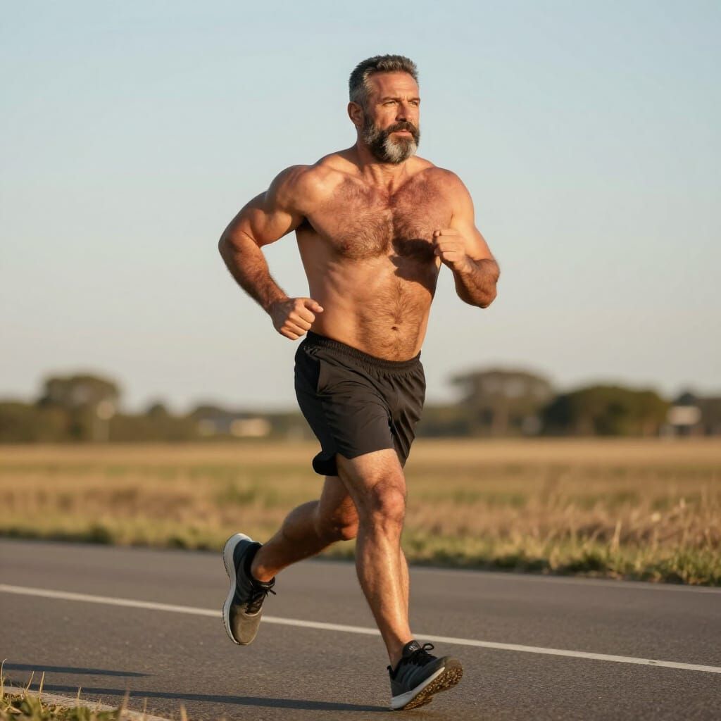 Muscular Bearish Man Running in Golden Hour Light