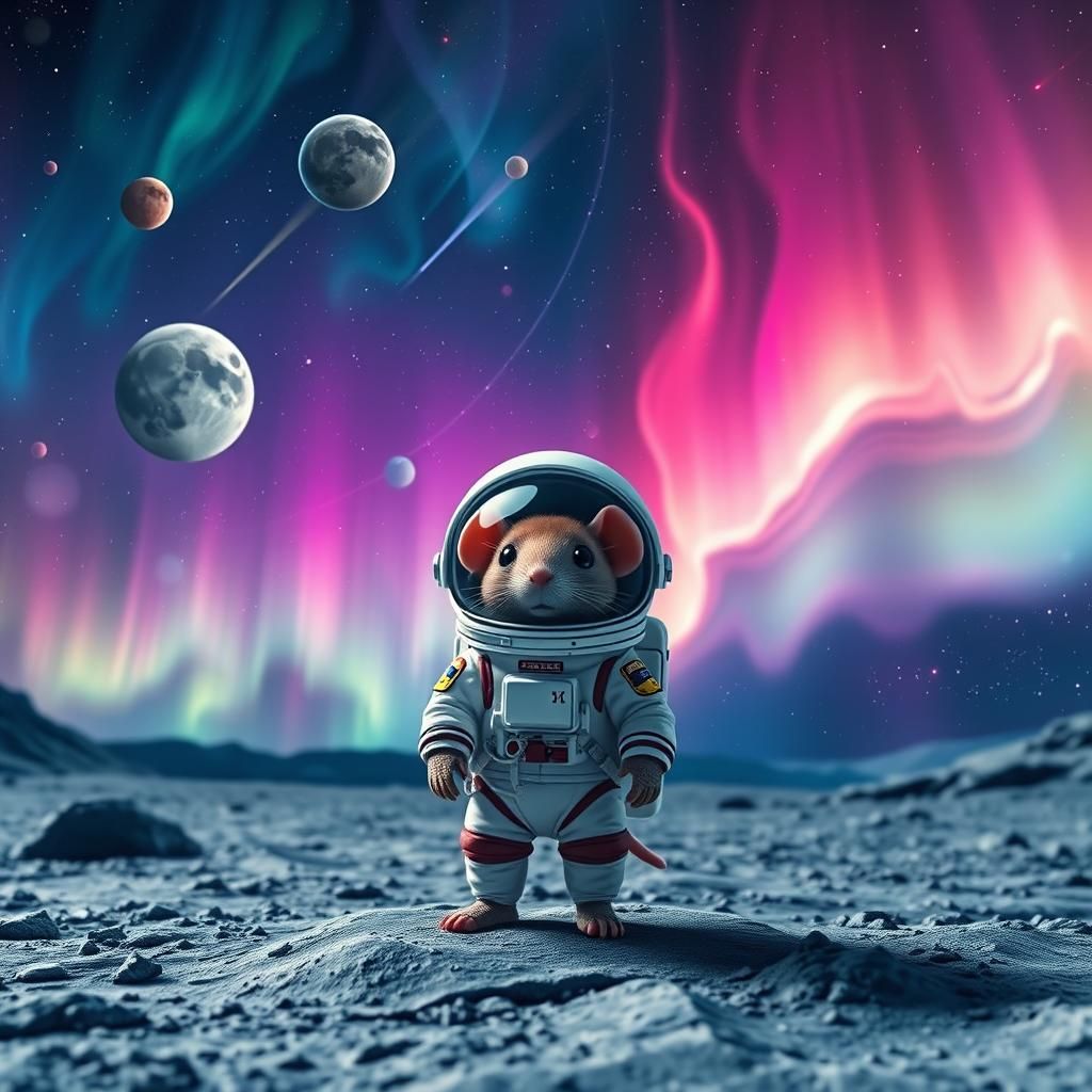 Chibi Mouse Astronaut on the Moon with Northern Lights