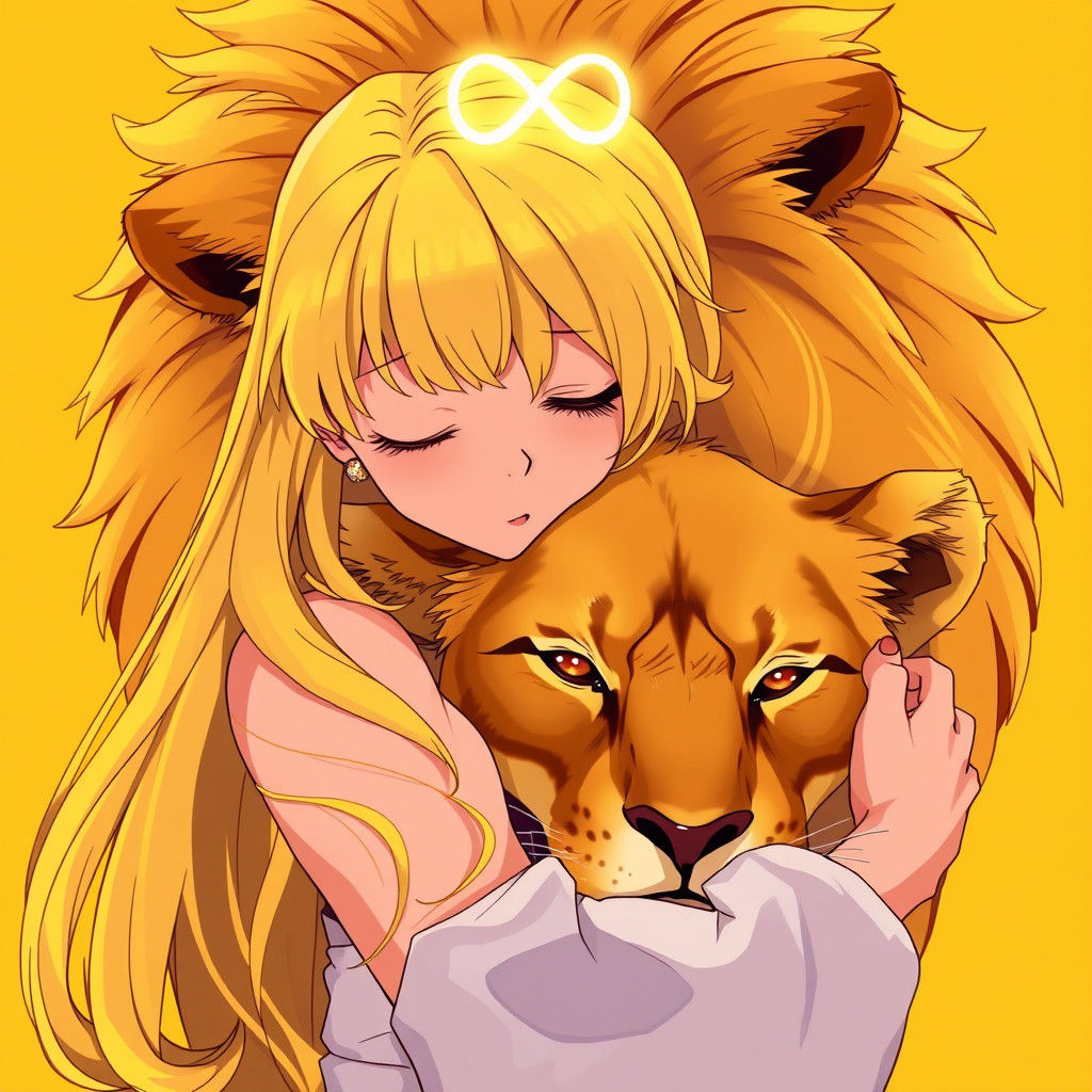 Woman and Lion with Infinity Symbol in Anime Style