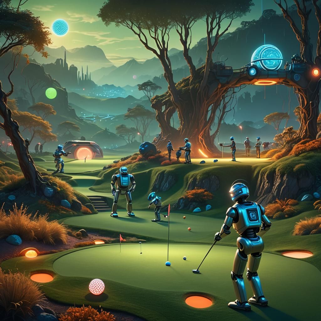 Robot Golfers on Futuristic Course in Sci-Fi Style