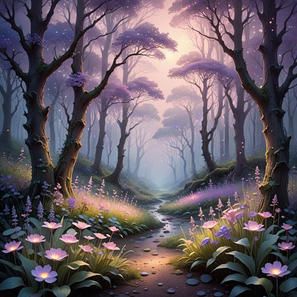 Enchanted Forest Dreamscape in Soft, Pastel Hues