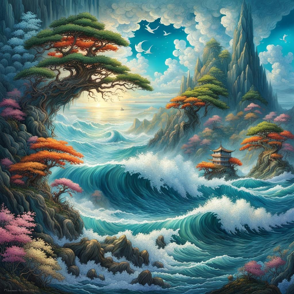 Japanese Seascape with Rolling Waves, Digital Art