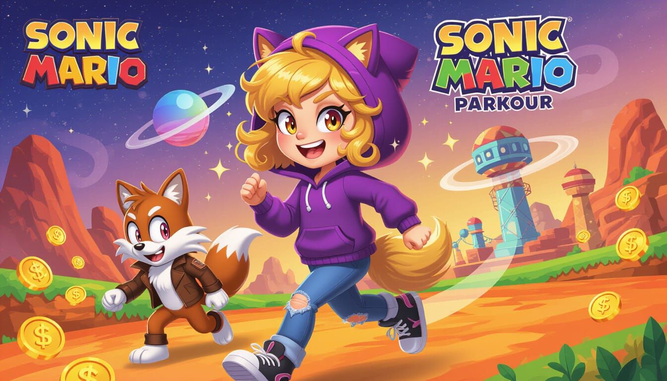 Joyful Girl & Wolf in Sonic Mario Parkour on Mars