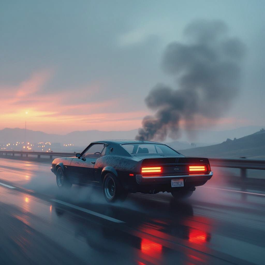 Smoking Car Speeding Down Highway in Cyberpunk Style