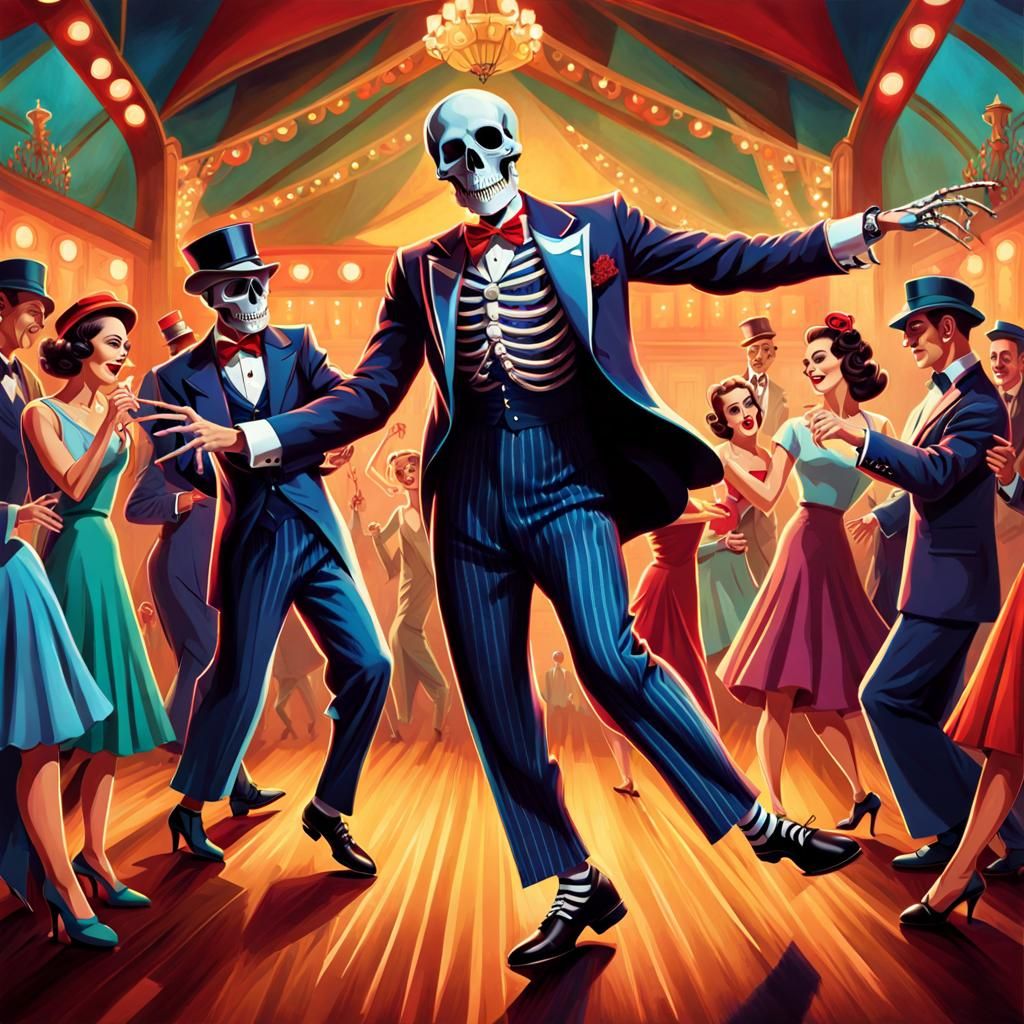 Rockabilly Skeleton Tap Dancing in Ballroom