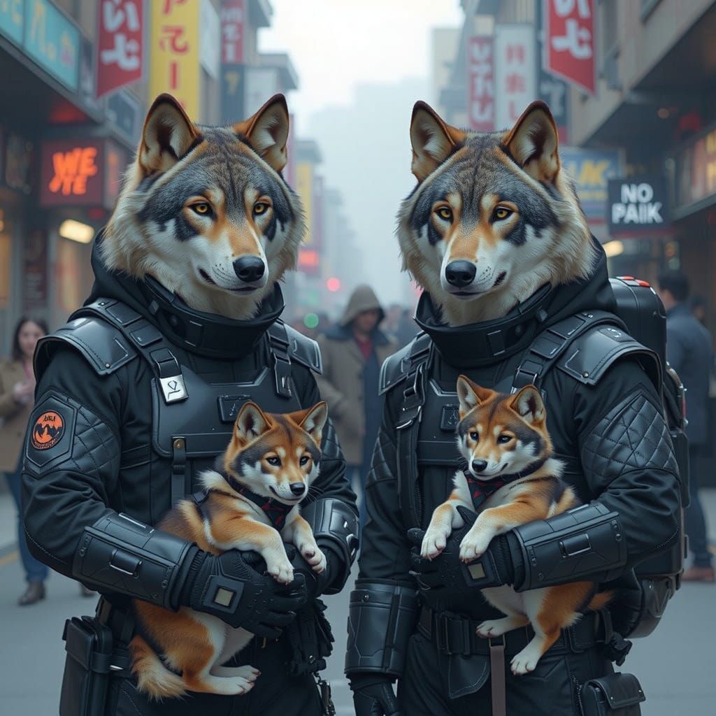 Futuristic Wolves with Hominid Pets: Photorealistic Image