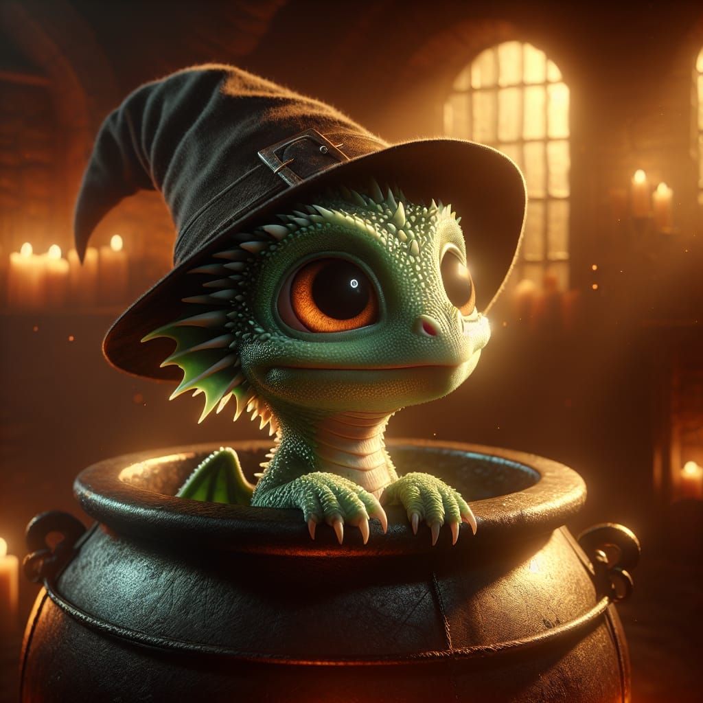 Charming Green Dragon in Witch's Cauldron: Matte Painting