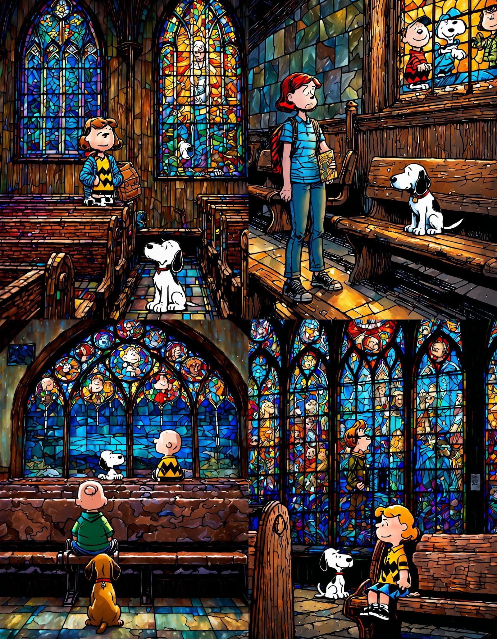 Girl Gazing at Snoopy Stained Glass in Comic Book Art